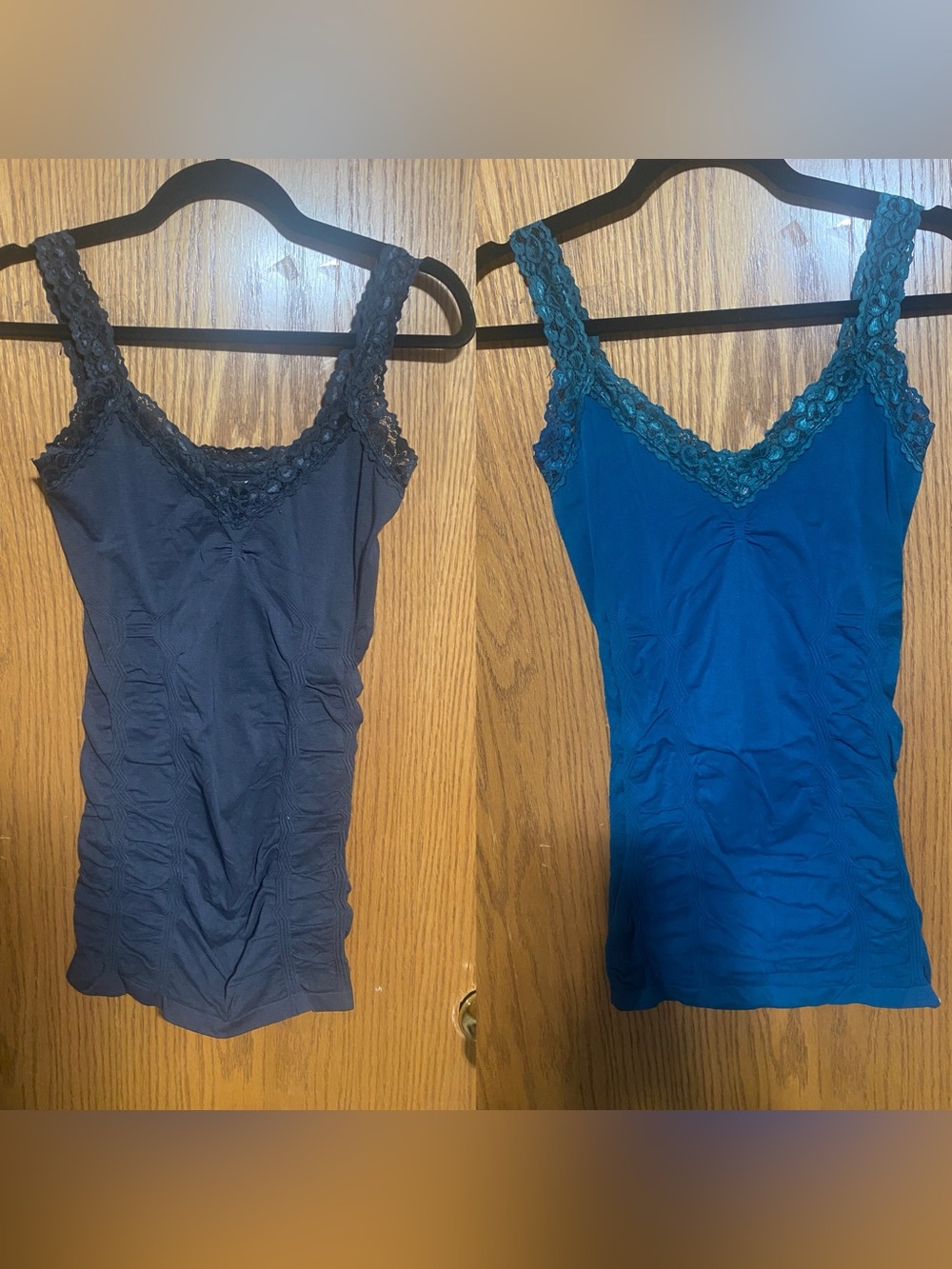 Two Women's Lace-Trim Tank Top in charcoal gray and teal